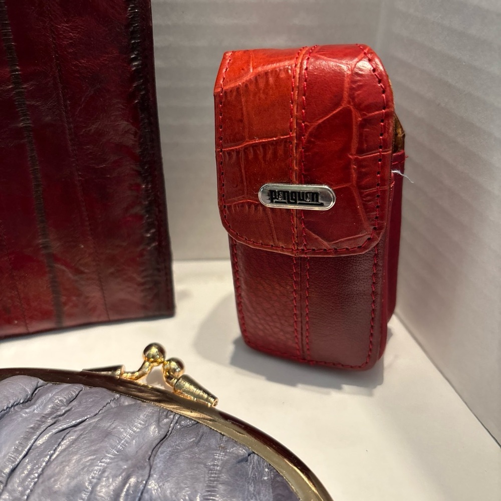 Elegant Red Gray Orange Eel Skin Cosmetic Bag Set Lot - Picture 6 of 10